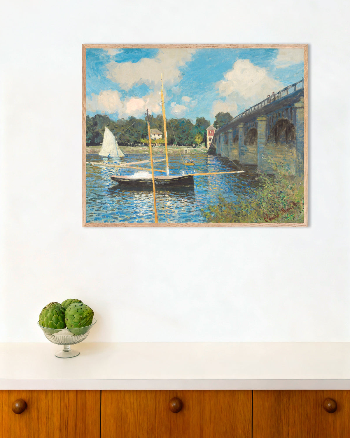 Poster of The Bridge at Argenteuil (1874) by Claude Monet, with natural wooden frame