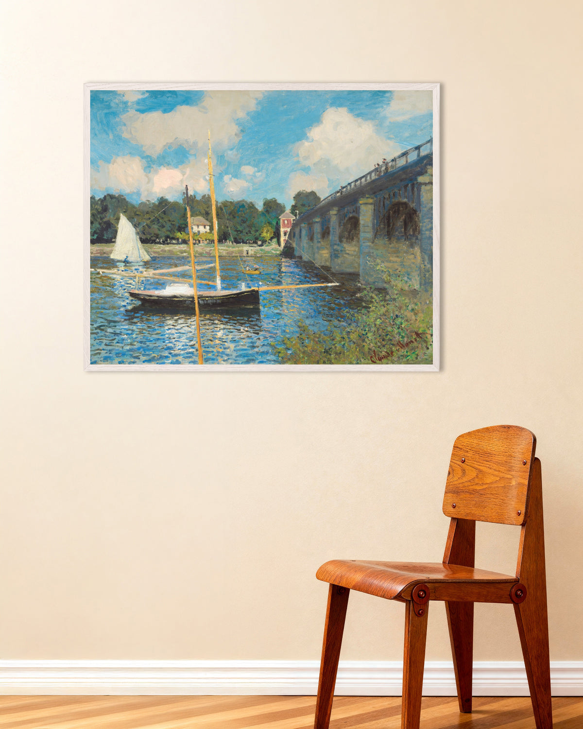 Poster of The Bridge at Argenteuil (1874) by Claude Monet, with white wooden frame