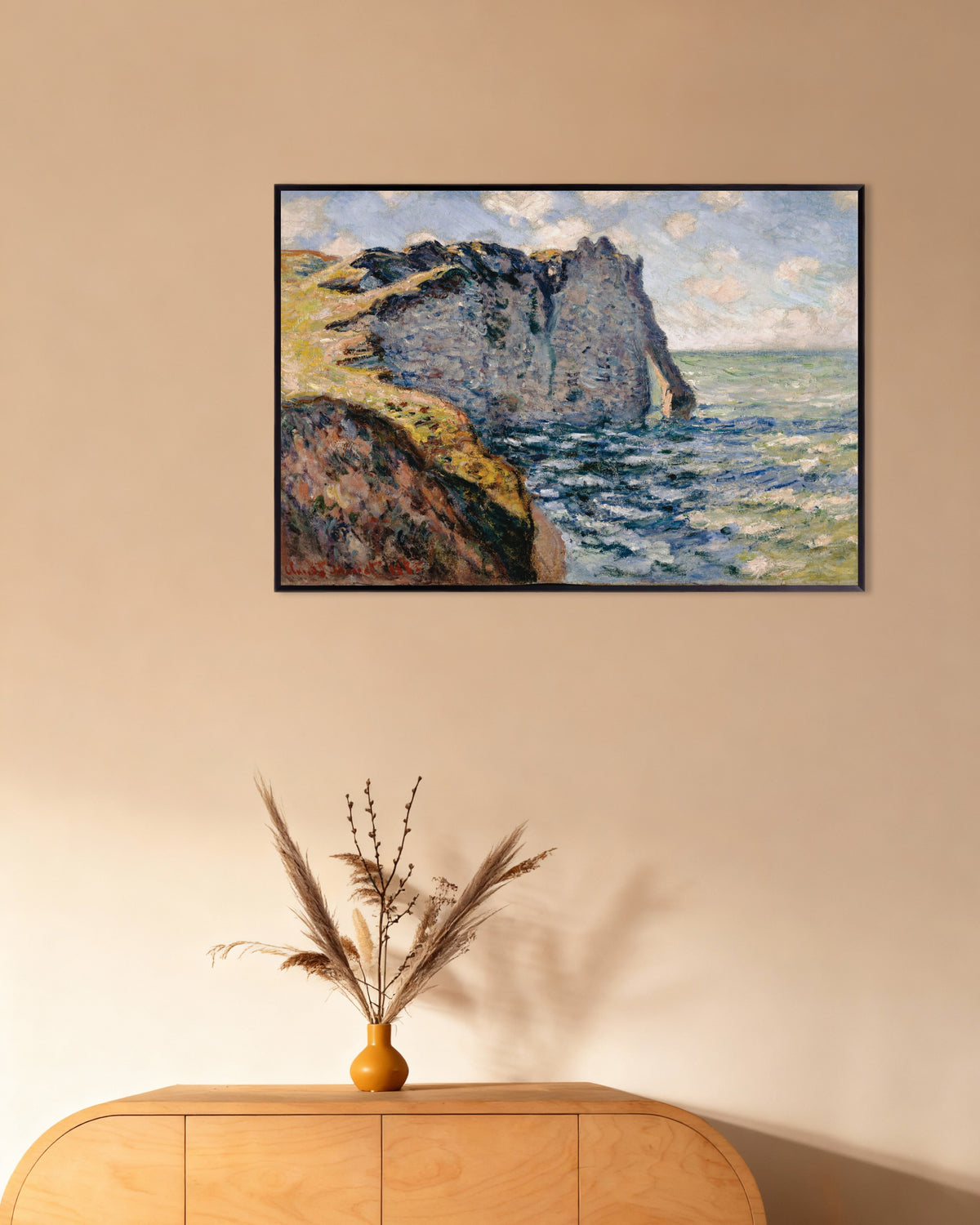Poster of The Cliff of Aval, Étretat (1885) by Claude Monet, with metal frame