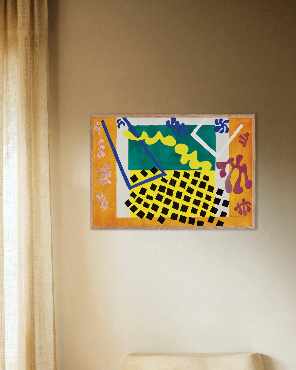Poster of The Codomas (Jazz, 1947) by Henri Matisse, with natural wooden frame