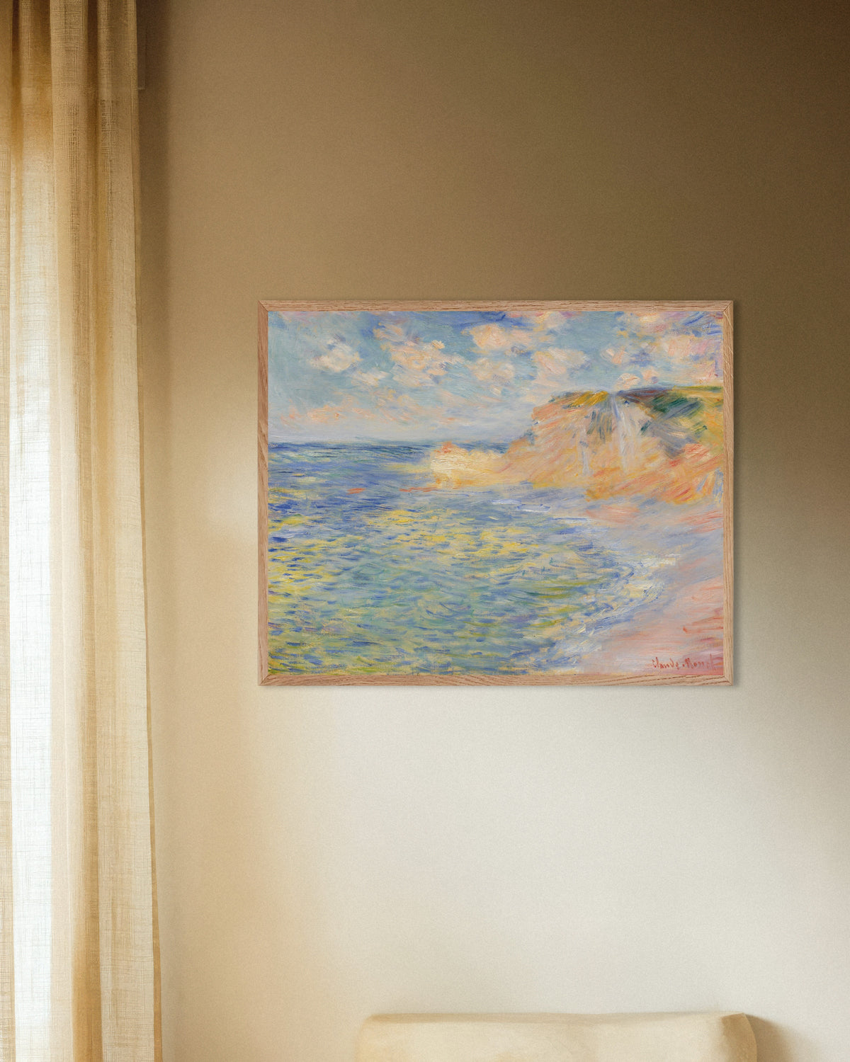 Poster of The Falaise d'Amont, Étretat (1885) by Claude Monet, with natural wooden frame