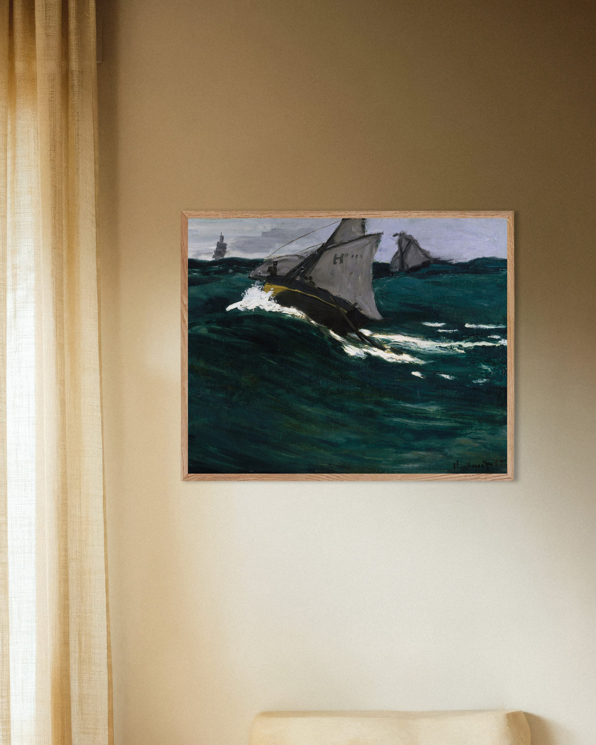 Poster of The Green Wave (c. 1866–1867) by Claude Monet, with natural wooden frame