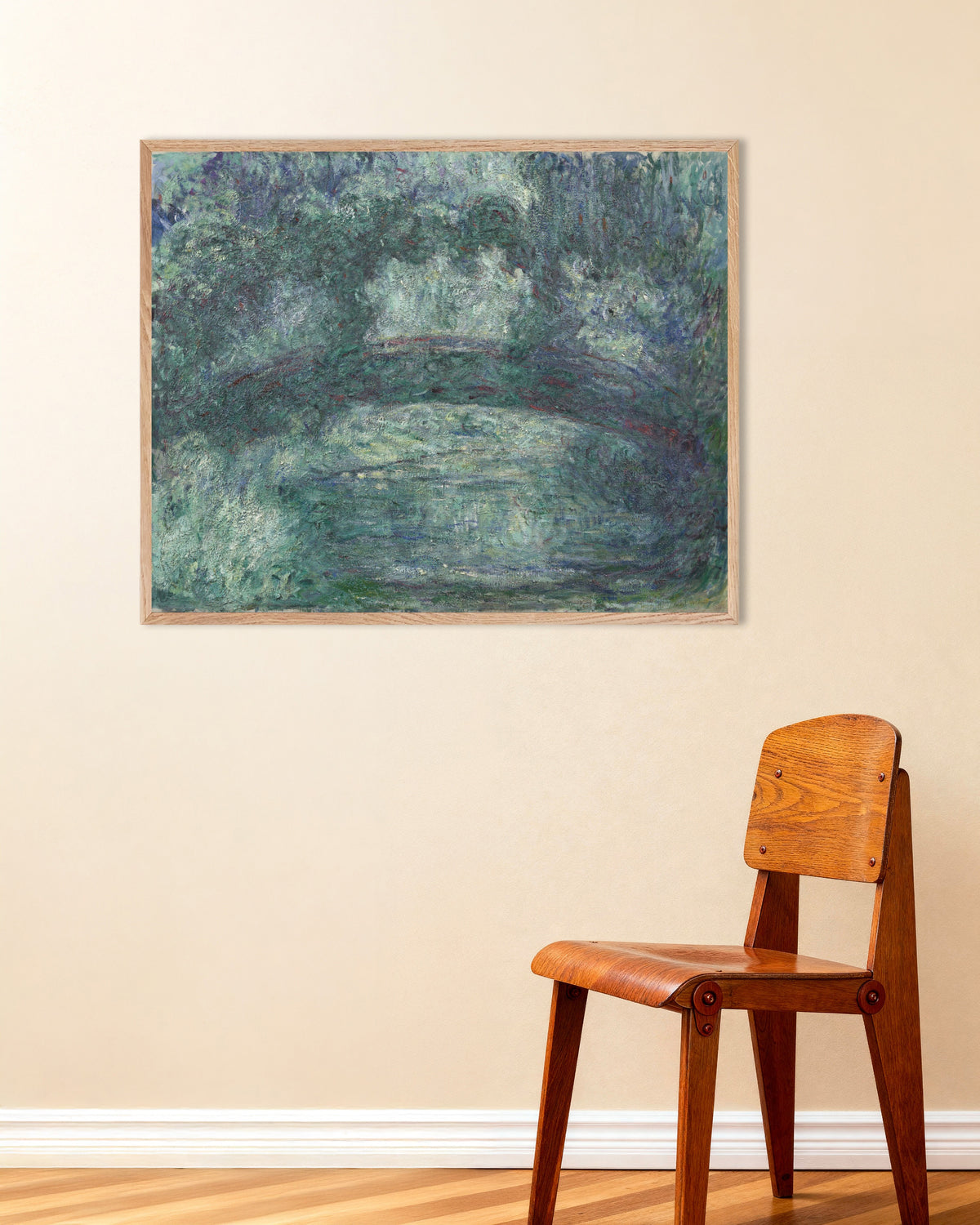 Poster of The Japanese Bridge (1919–1924) by Claude Monet, with natural wooden frame