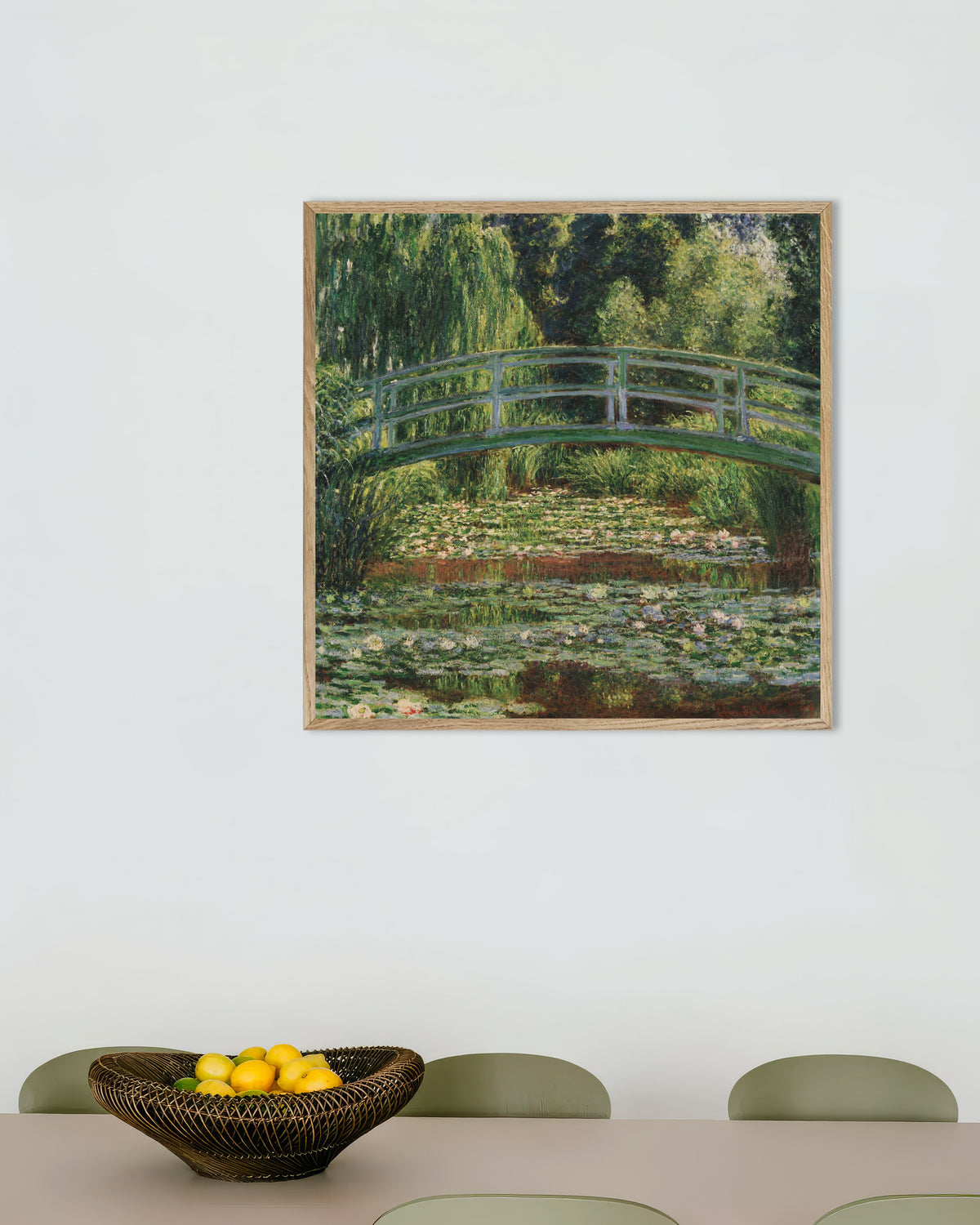 Poster of The Japanese Footbridge and the Water Lily Pool, Giverny (1899) by Claude Monet, with natural wooden frame