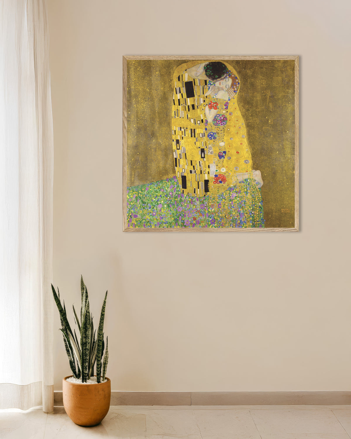 Poster of The Kiss (1907–1908) by Gustav Klimt, with natural wooden frame