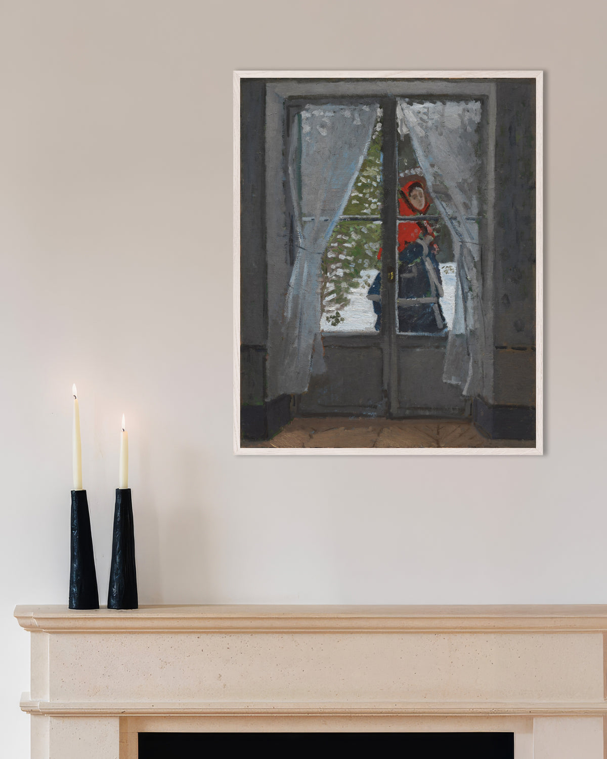 Poster of The Red Kerchief (c. 1868–1873) by Claude Monet, with white wooden frame
