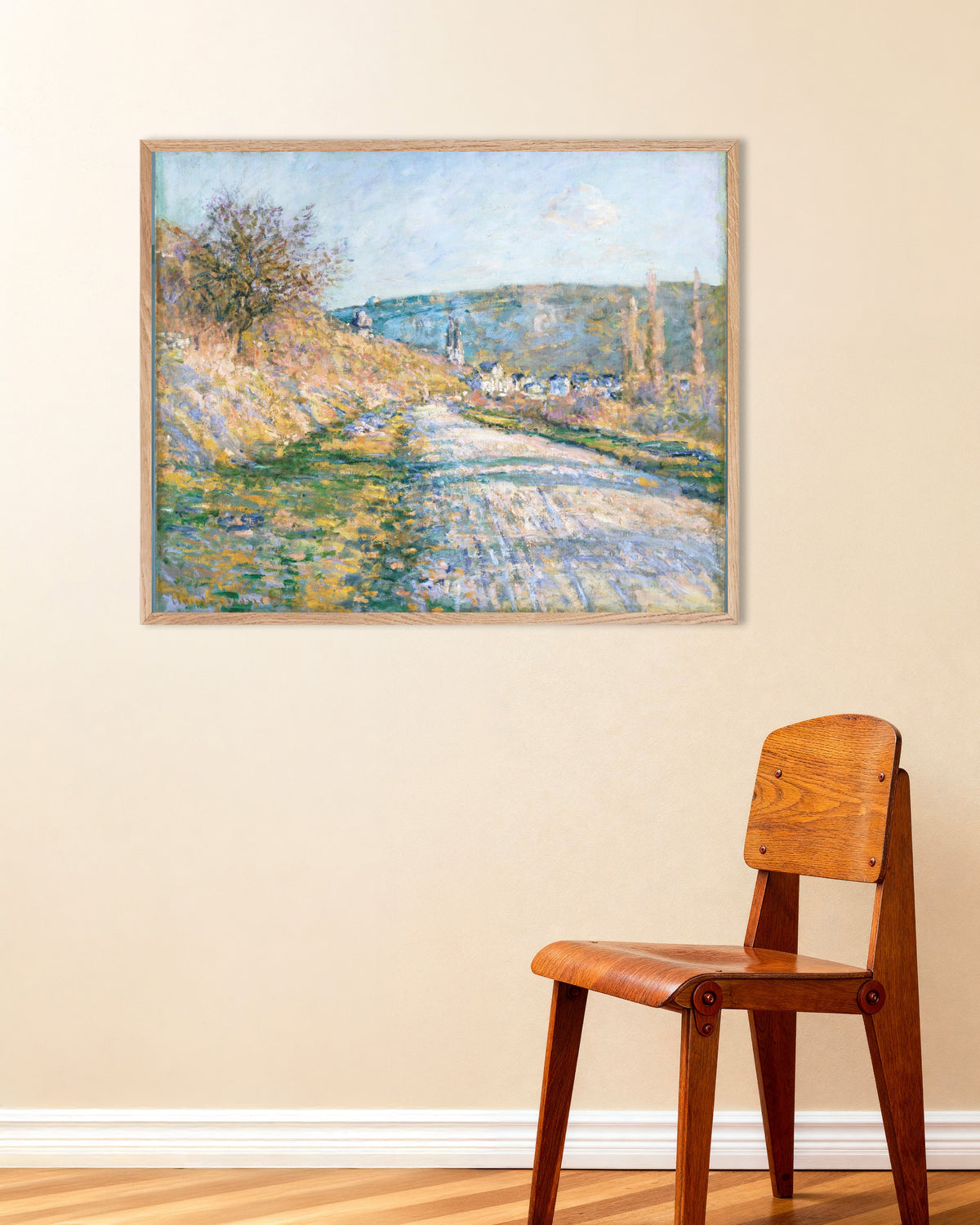 Poster of The Road to Vétheuil (1879) by Claude Monet, with natural wooden frame