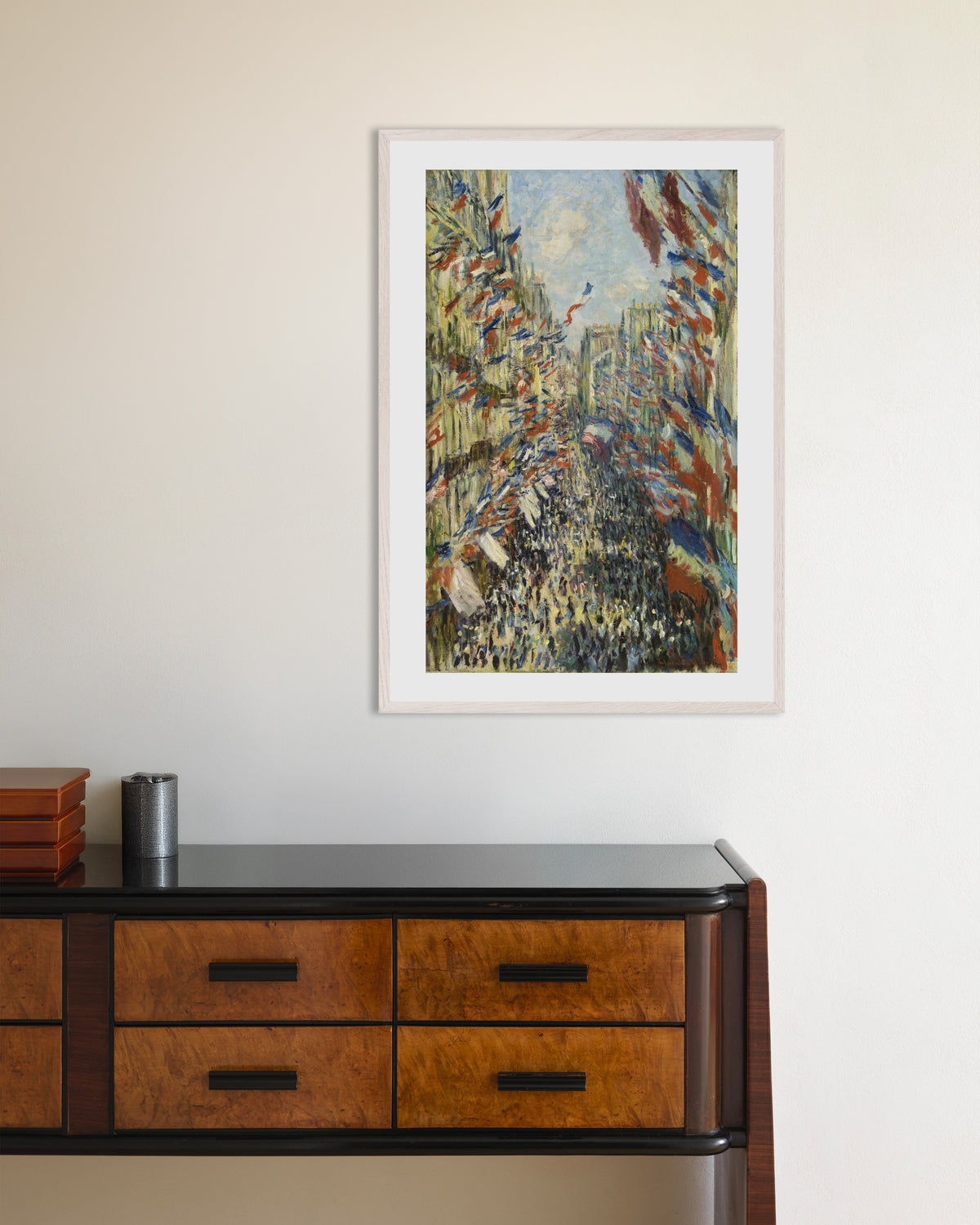 Poster of The Rue Montorgueil, Celebration of June 30, 1878 by Claude Monet, with white wooden frame