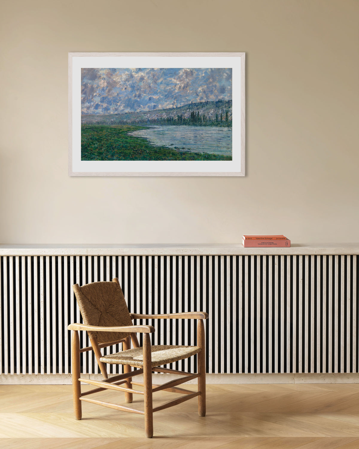 Poster of The Seine at Vétheuil (1880) by Claude Monet, with white wooden frame