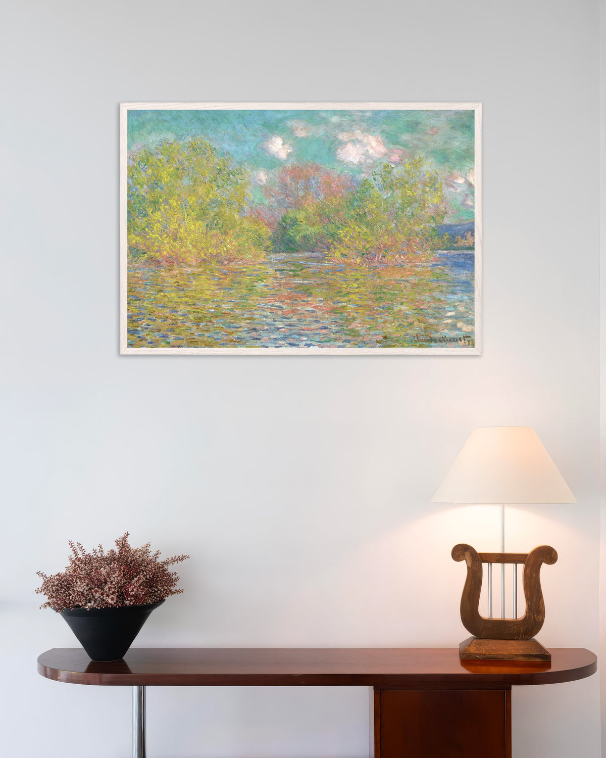 Poster of The Seine near Giverny (1888) by Claude Monet, with white wooden frame