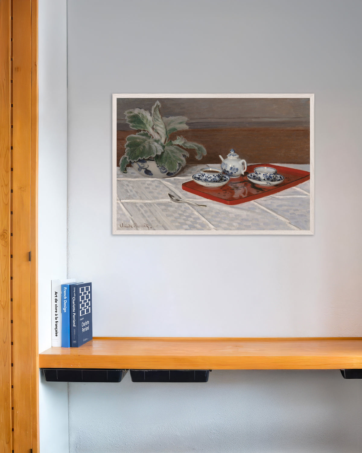 Poster of The Tea Set (1872) by Claude Monet, with white wooden frame