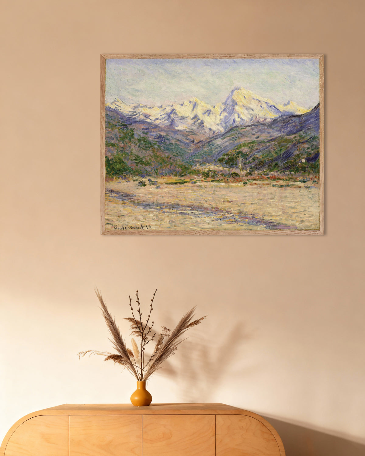 Poster of The Valley of the Nervia (1884) by Claude Monet, with natural wooden frame
