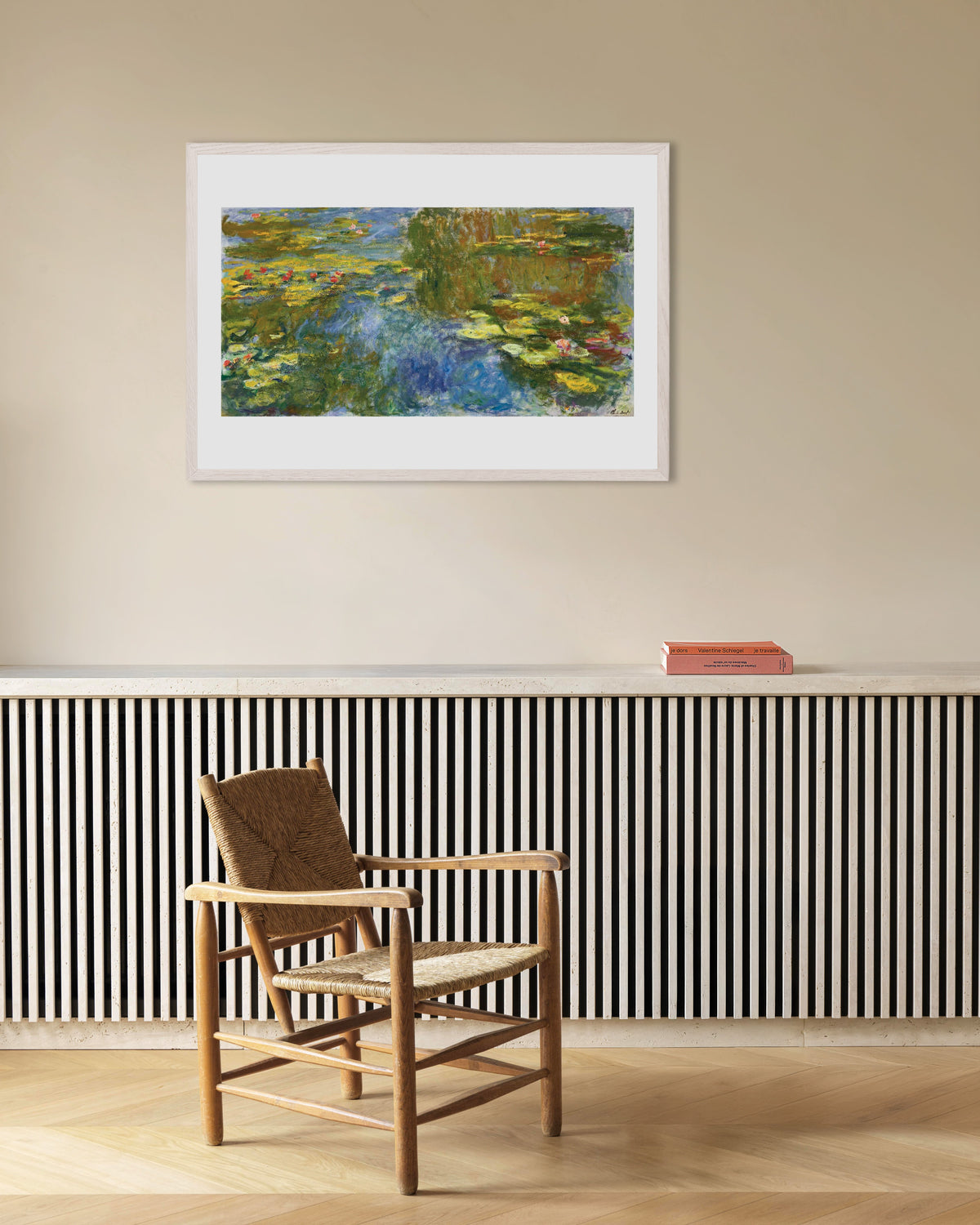 Poster of The Water Lily Pond (c. 1917–1919) by Claude Monet, with white wooden frame