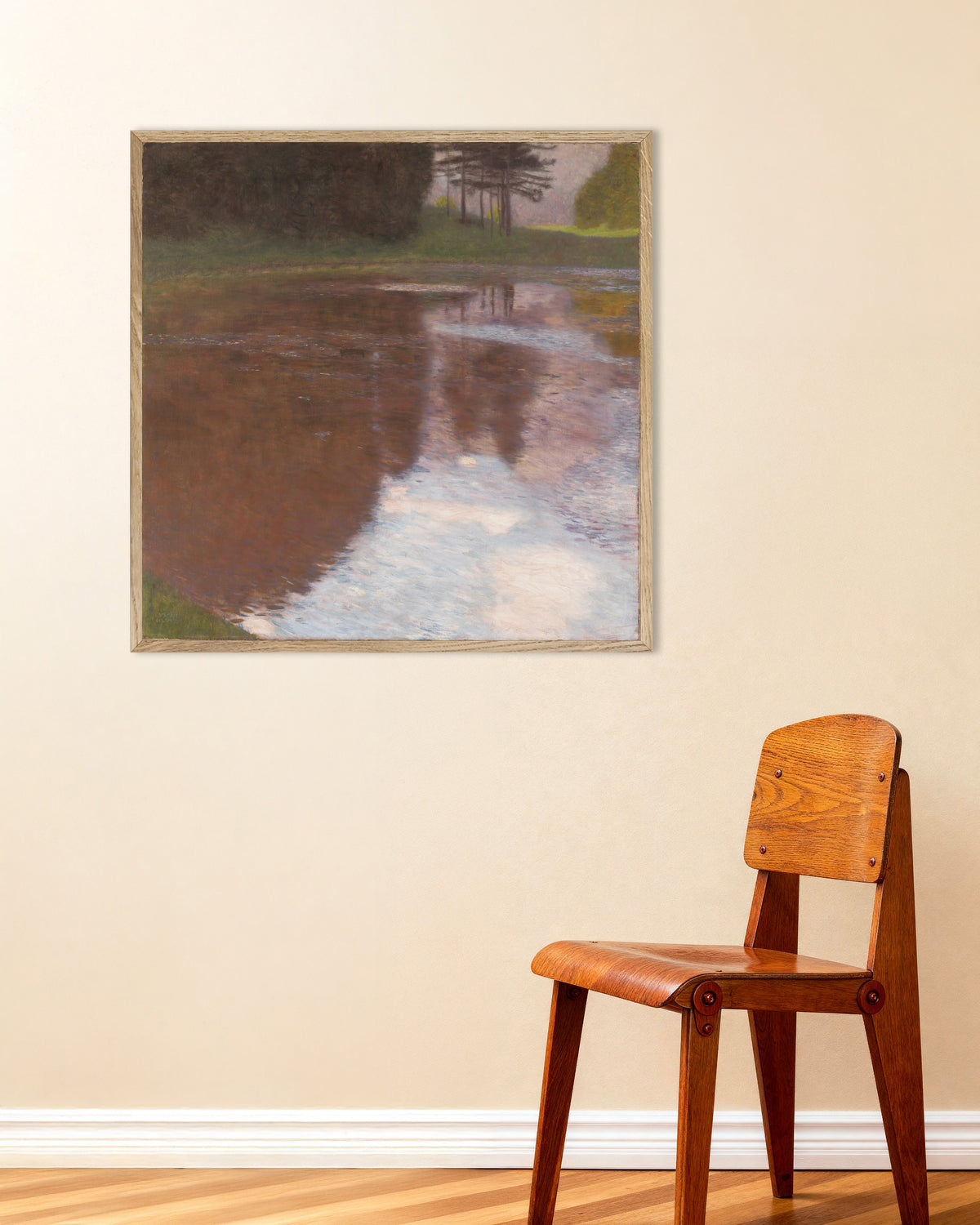 Poster of Tranquil Pond (1899) by Gustav Klimt, with natural wooden frame