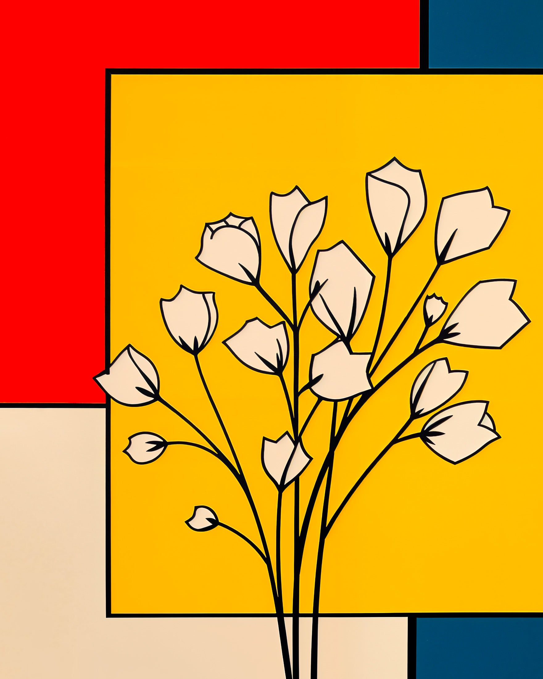 De Stijl print featuring white tulips