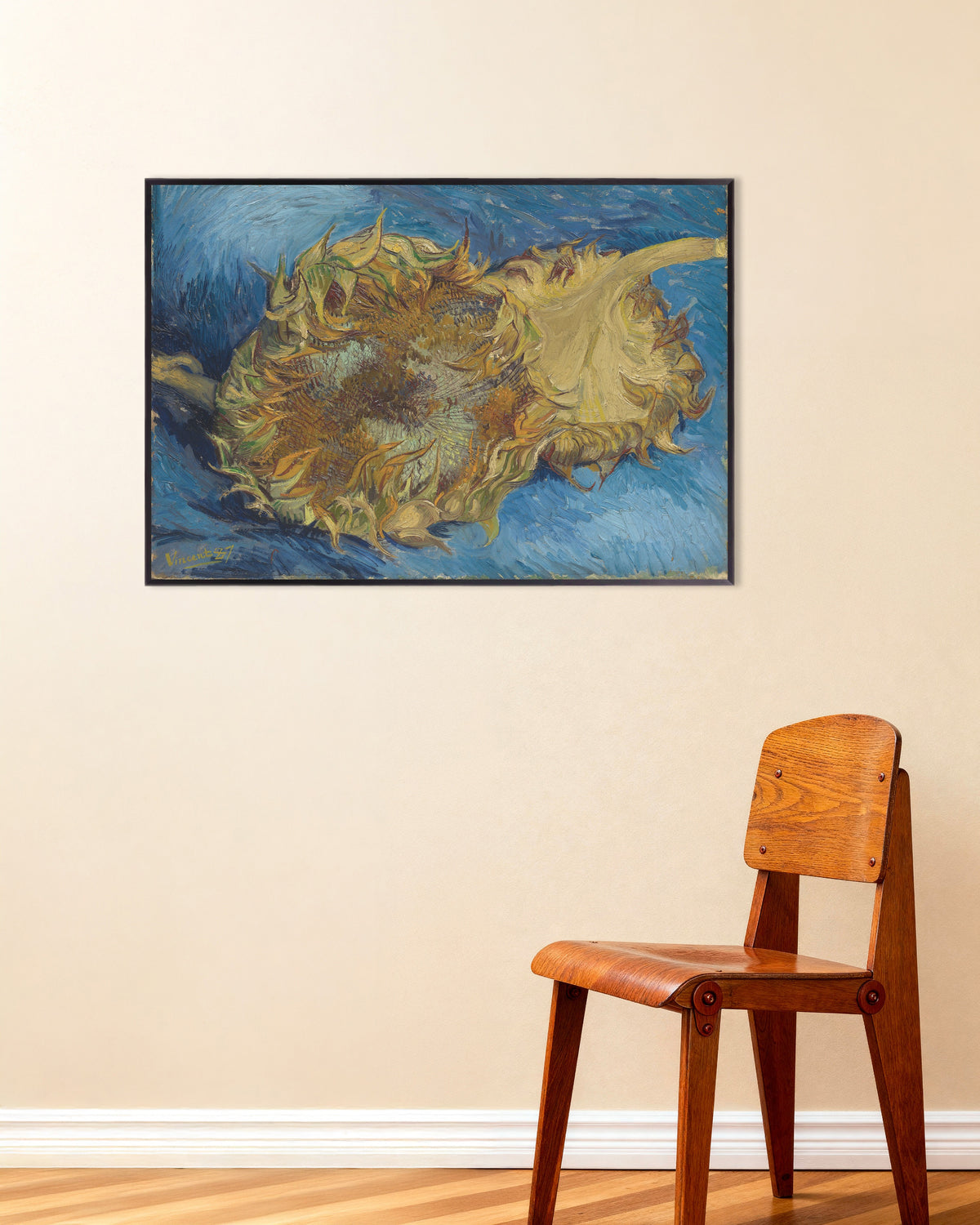 Poster of Two Cut Sunflowers (1887) by Vincent van Gogh, with metal frame