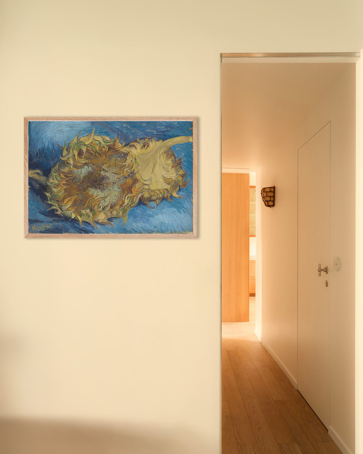 Poster of Two Cut Sunflowers (1887) by Vincent van Gogh, with natural wooden frame