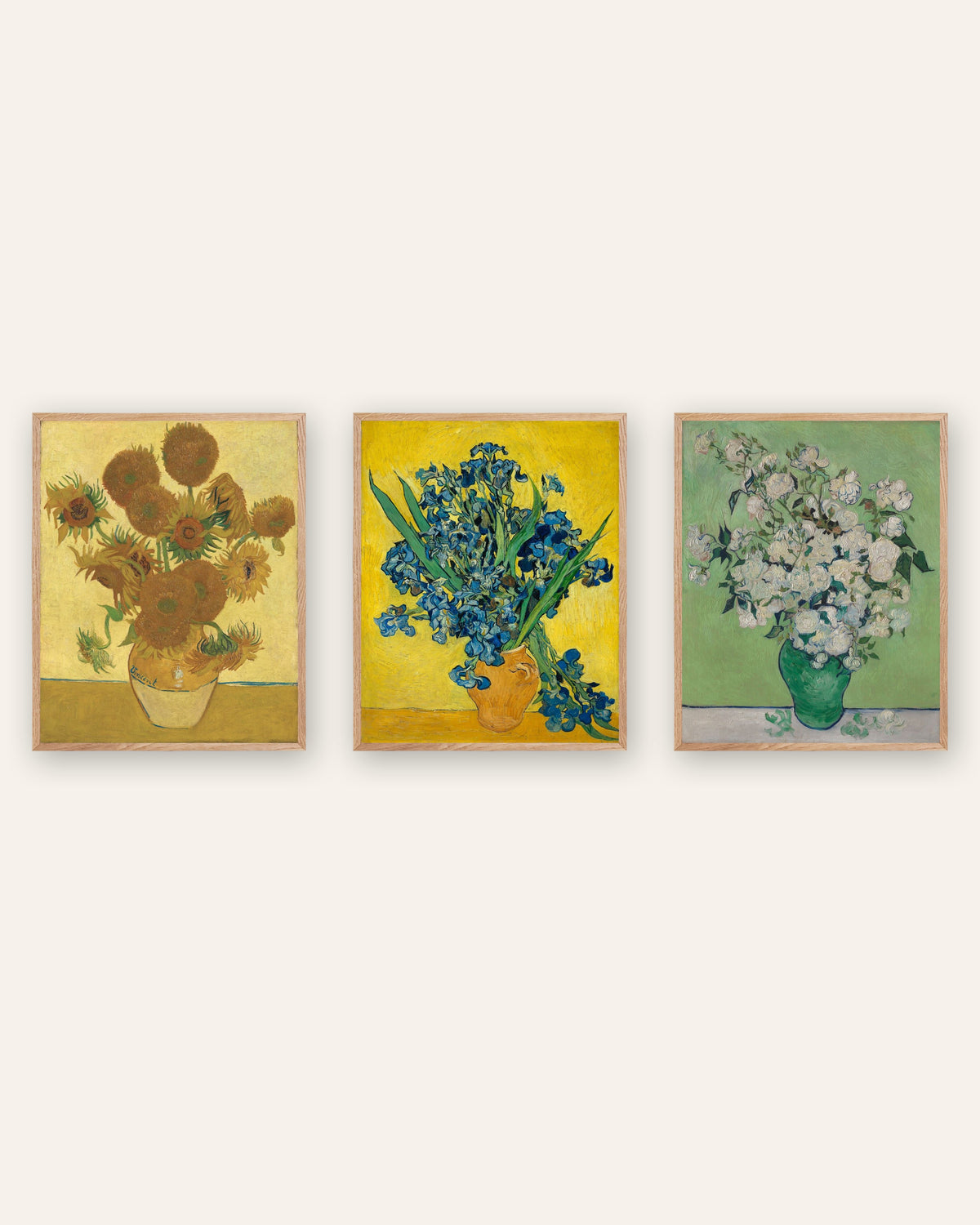 Van Gogh Flower Prints Set of 3 – Sunflowers, Irises & Roses, prints in natural oak frames