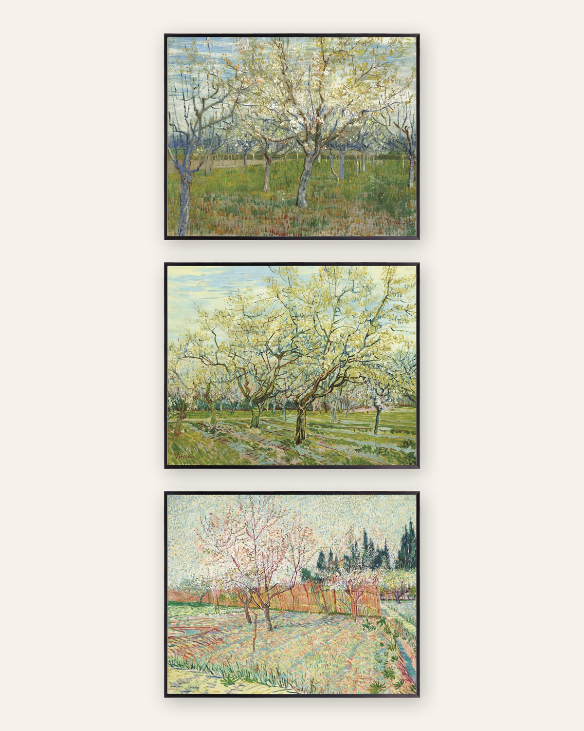 Van Gogh Orchard Prints Set of 3 – Pink, White & Cypress Orchards, prints in black metal frames