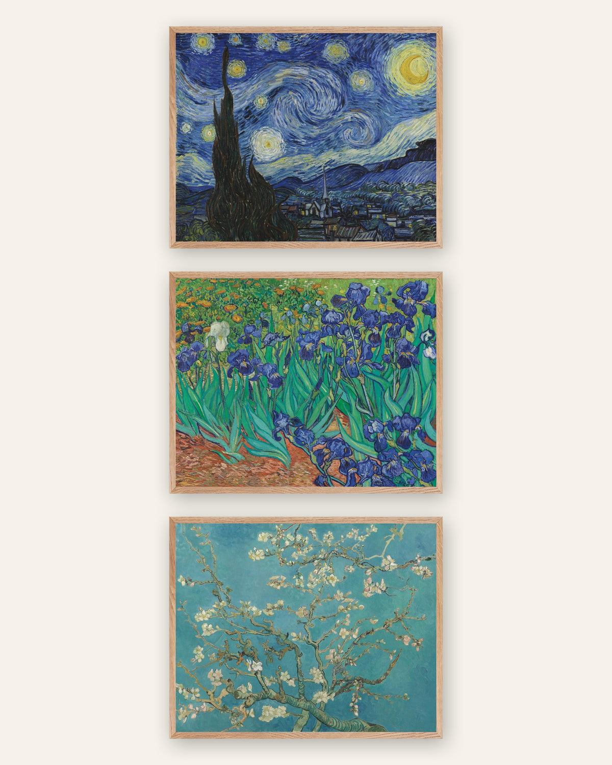 Van Gogh Prints Set of 3 – The Starry Night, Irises & Almond Blossom, prints in natural oak frames