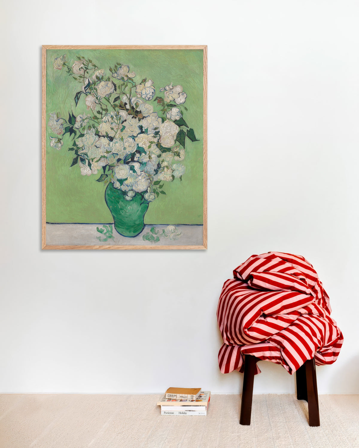 Poster of Vase of Roses (1890) by Vincent van Gogh, with natural wooden frame