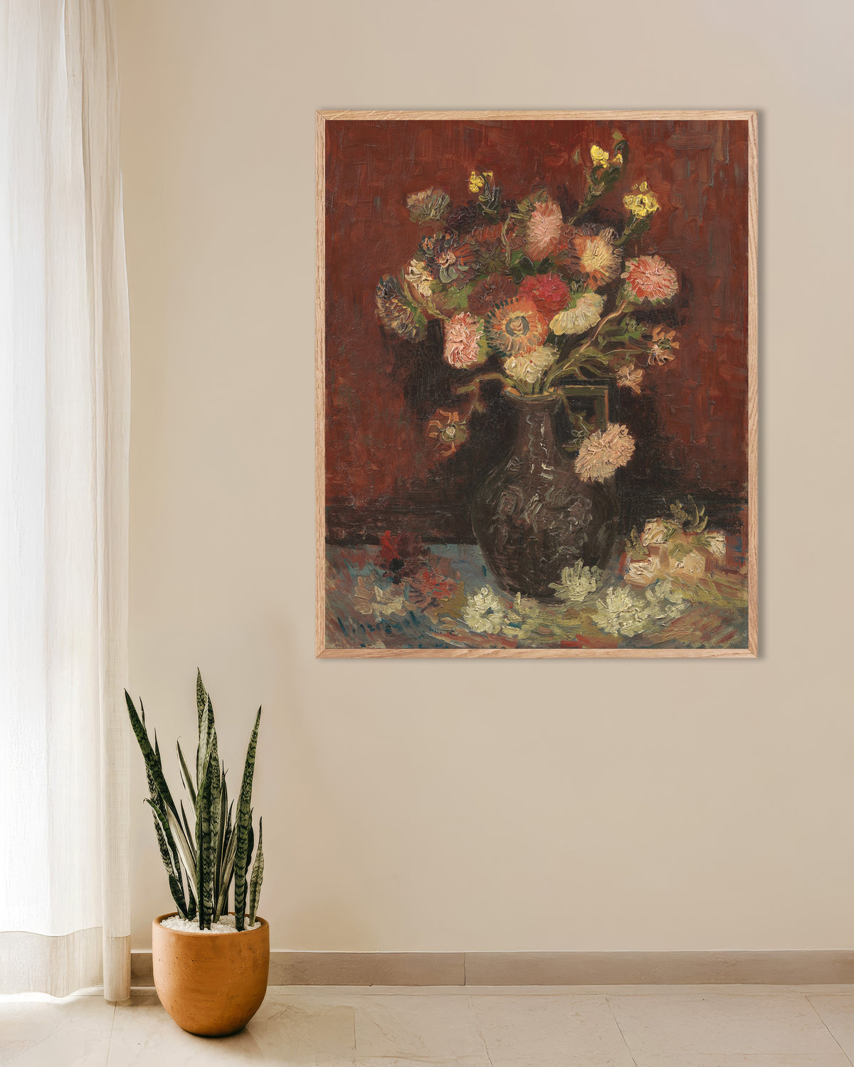 Poster of Vase with Chinese Asters and Gladioli (1886) by Vincent van Gogh, with natural wooden frame