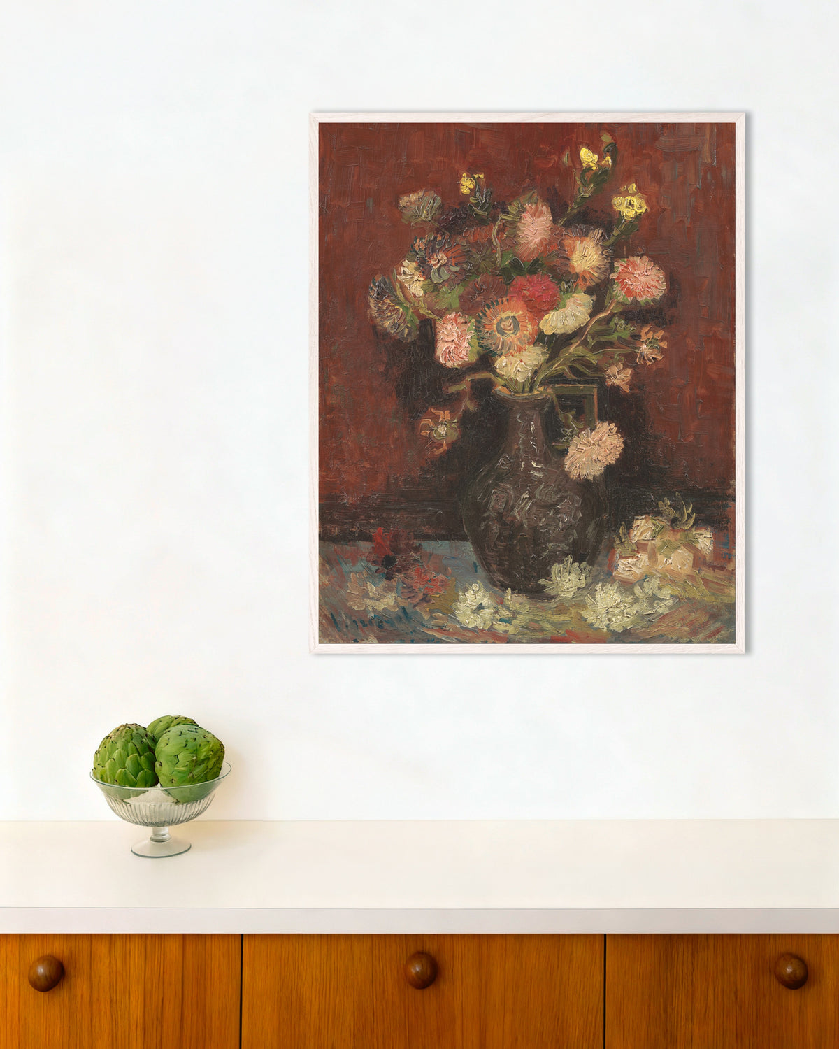 Poster of Vase with Chinese Asters and Gladioli (1886) by Vincent van Gogh, with white wooden frame