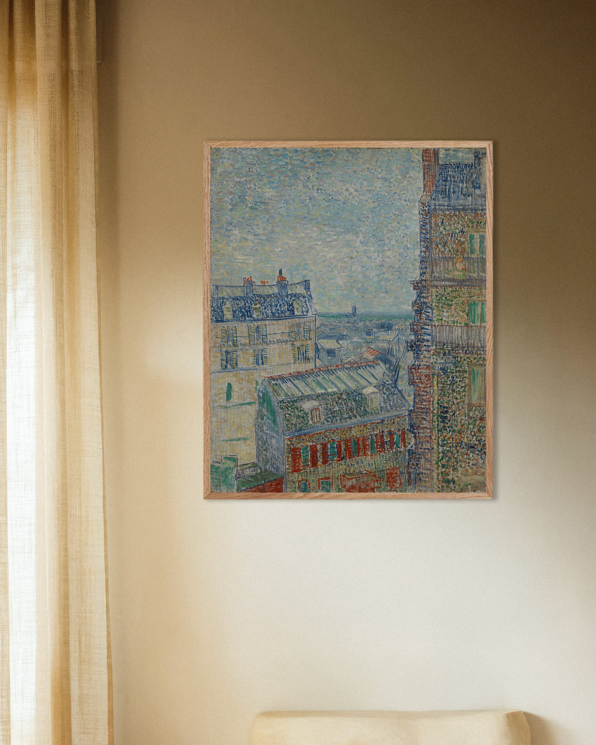 Poster of View from Theo's Apartment (1887) by Vincent van Gogh, with natural wooden frame