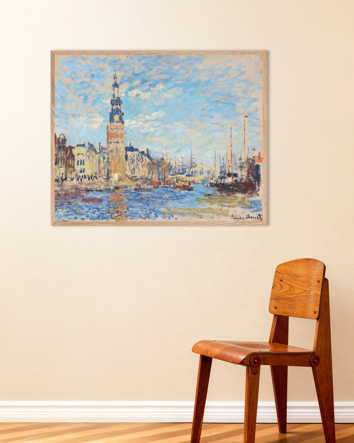 Poster of View of the Montelbaanstoren, Amsterdam (1874) by Claude Monet, with natural wooden frame
