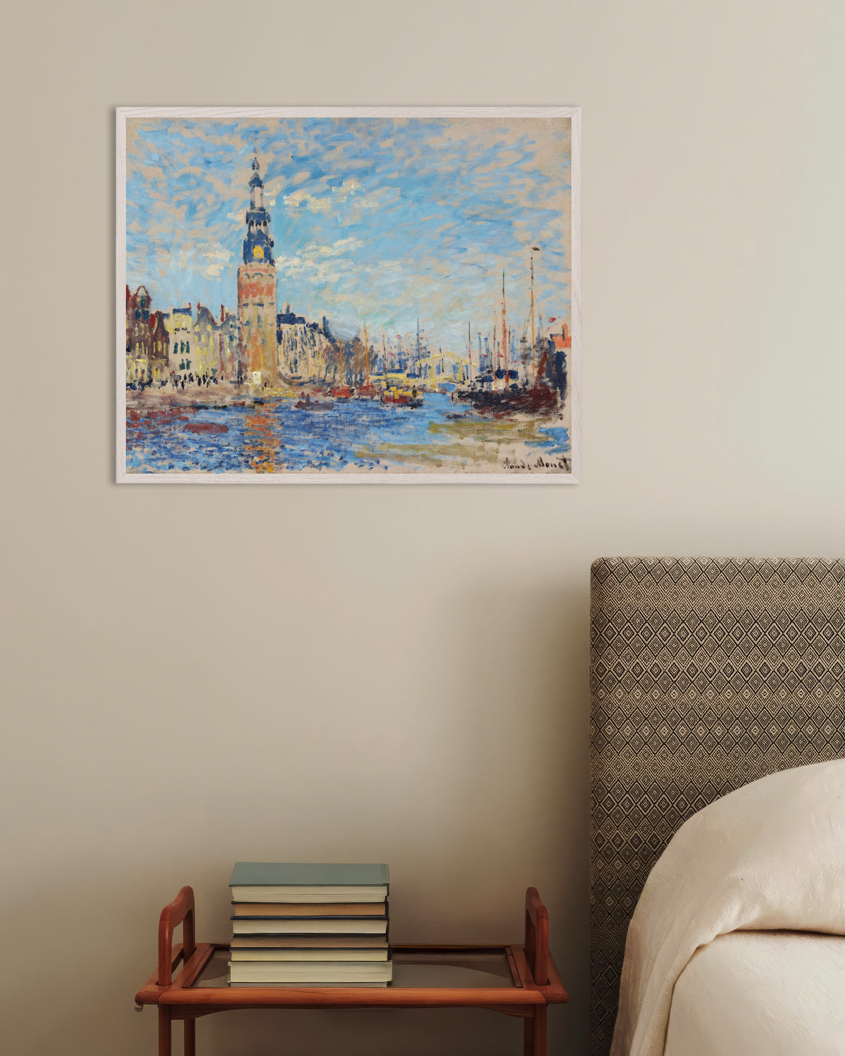 Poster of View of the Montelbaanstoren, Amsterdam (1874) by Claude Monet, with white wooden frame