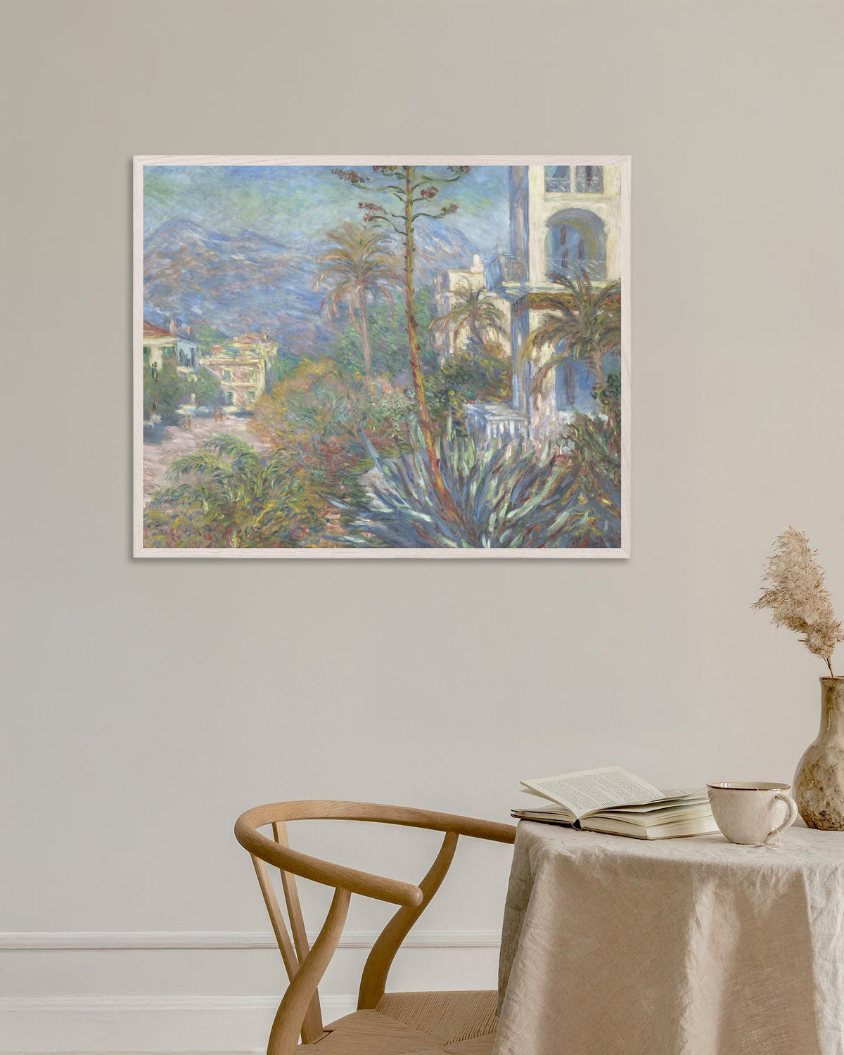 Poster of Villas at Bordighera (1884) by Claude Monet, with white wooden frame