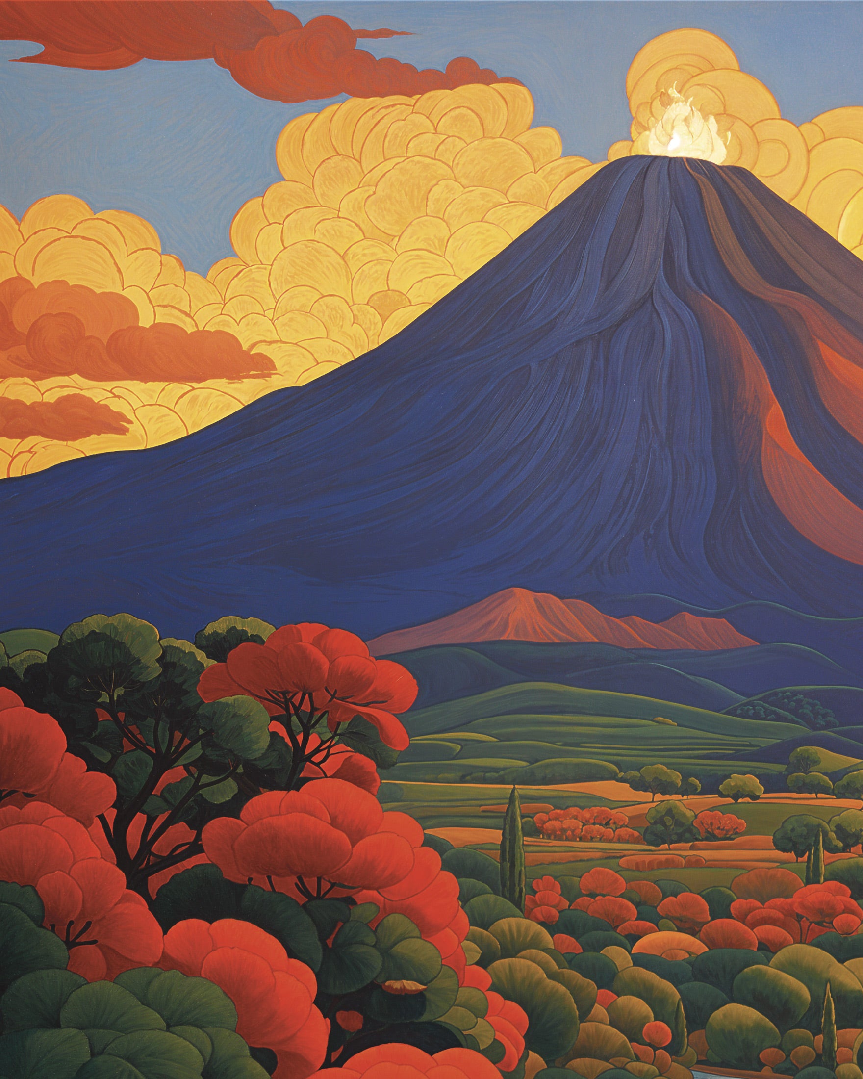 Volcano print, enchanting symbolist artwork with a mystical vibe