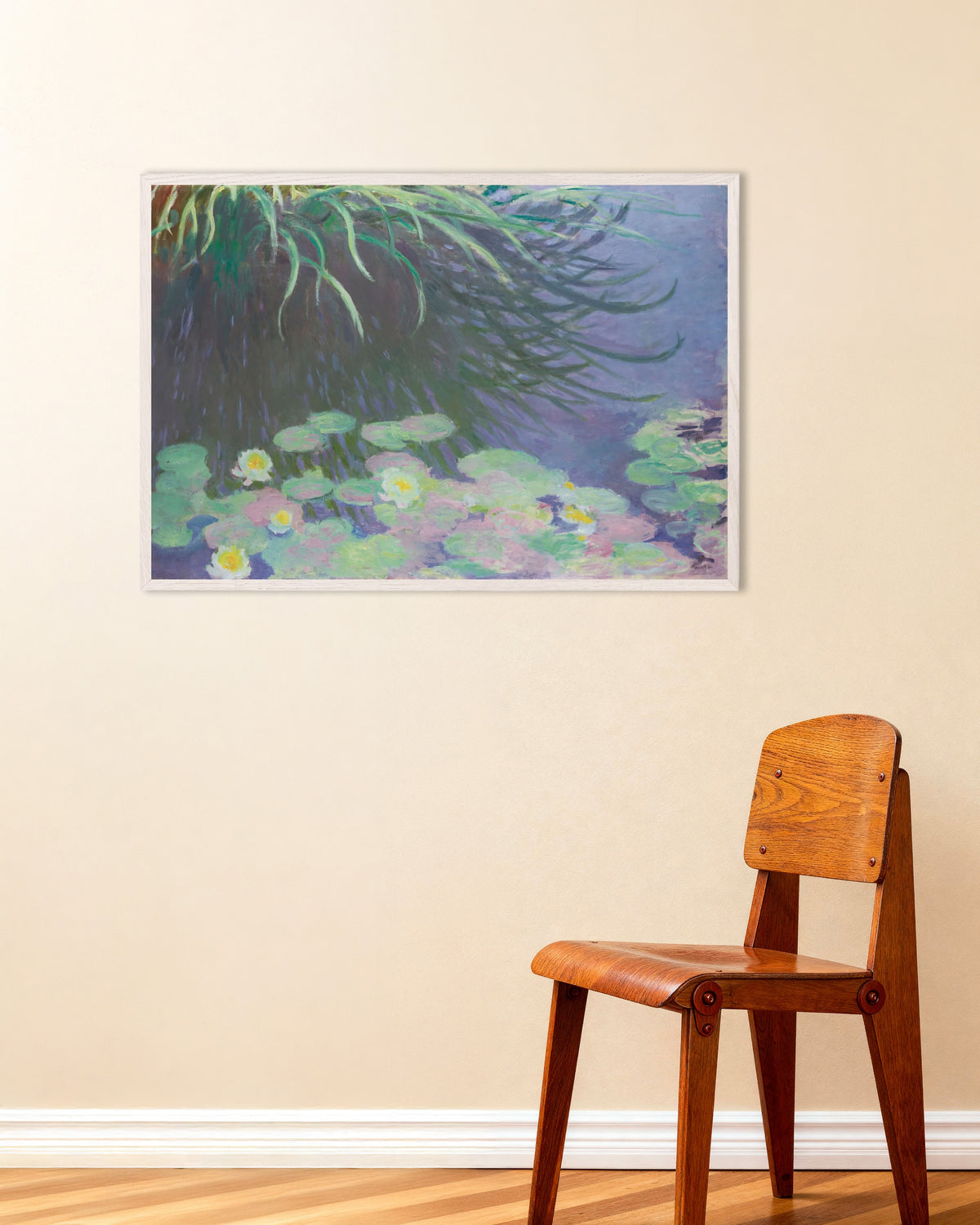 Poster of Water Lilies with Reflections of Tall Grass (1914–1917) by Claude Monet, with white wooden frame