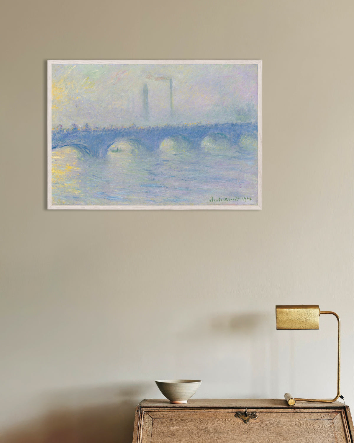 Poster of Waterloo Bridge, Effect of Mist (1904) by Claude Monet, with white wooden frame