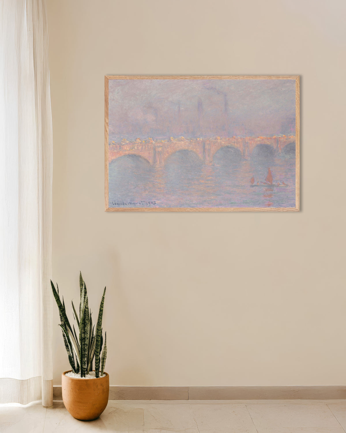 Poster of Waterloo Bridge, Hazy Sunshine (1899–1903) by Claude Monet, with natural wooden frame