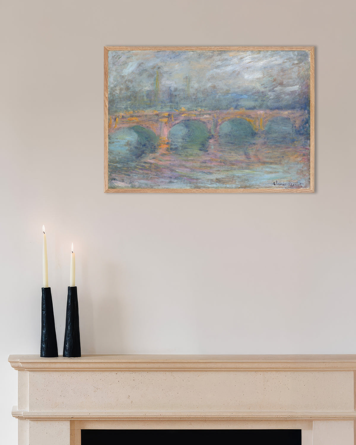 Poster of Waterloo Bridge, London, at Sunset (1904) by Claude Monet, with natural wooden frame