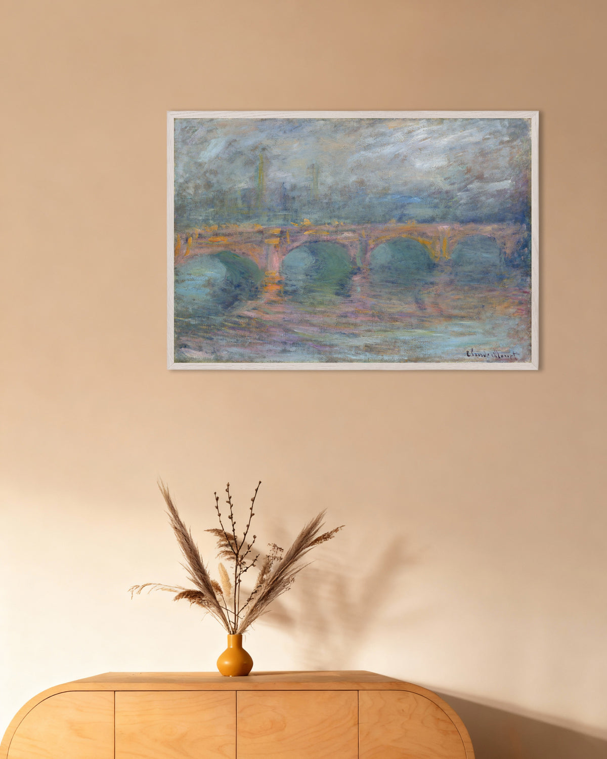 Poster of Waterloo Bridge, London, at Sunset (1904) by Claude Monet, with white wooden frame
