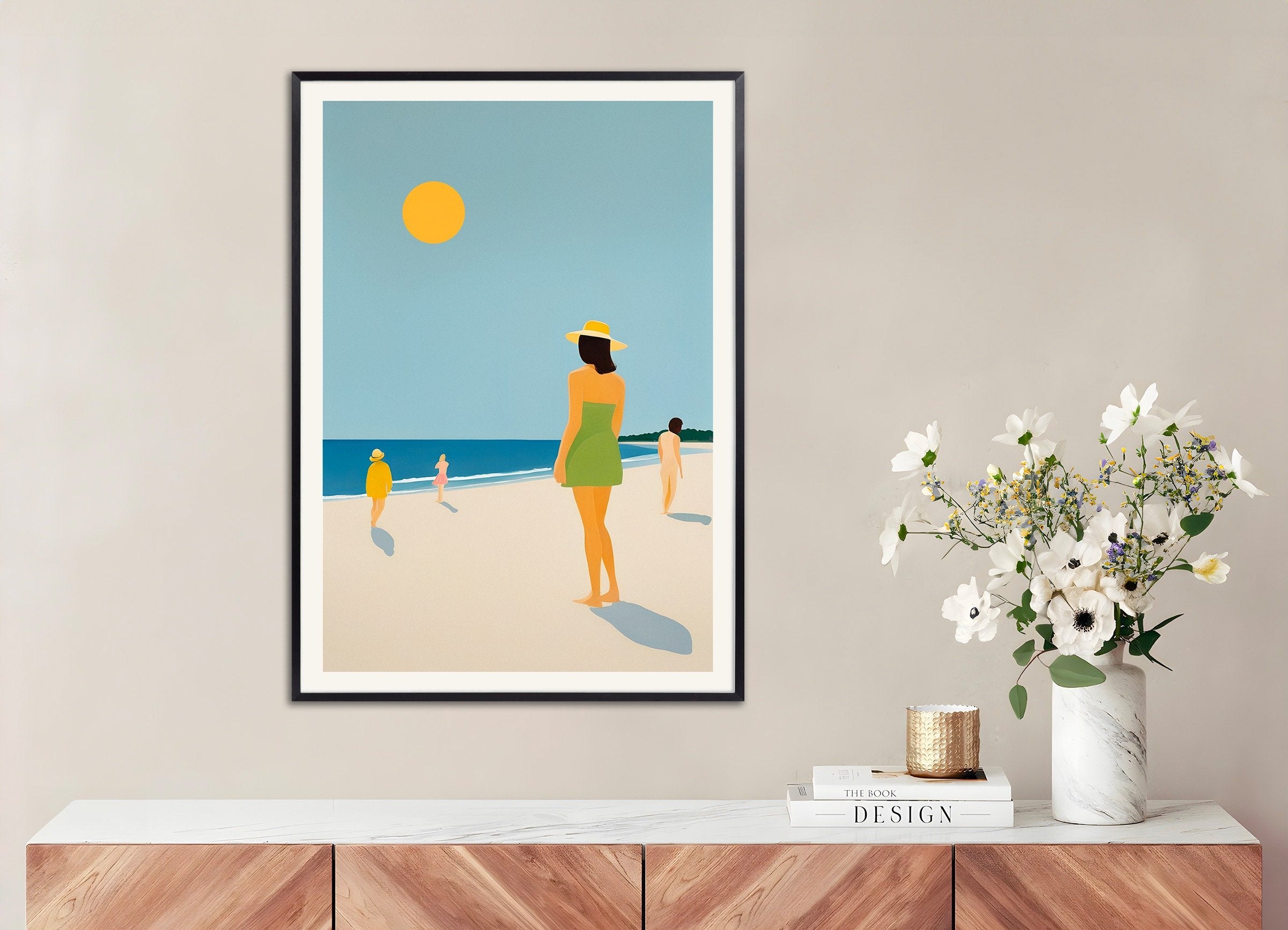 Poster of We Are Happy on the Beach - Golden Summer Art Print, with metal frame