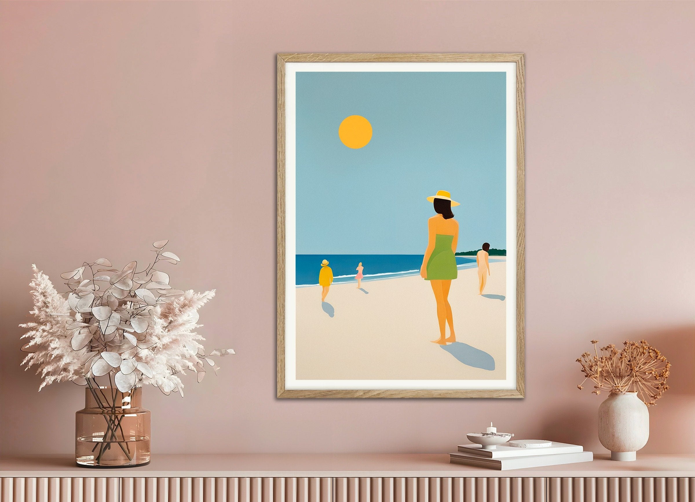Poster of We Are Happy on the Beach - Golden Summer Art Print, with natural wooden frame