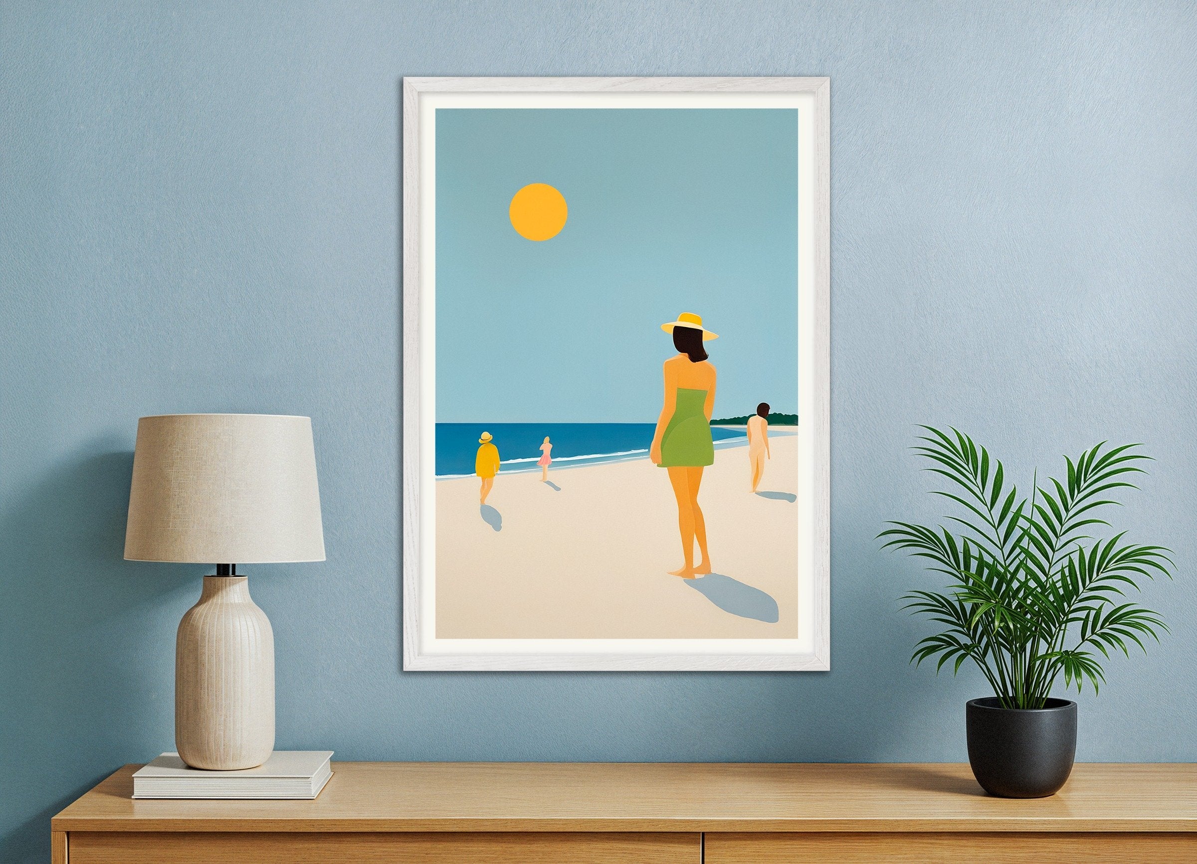 Poster of We Are Happy on the Beach - Golden Summer Art Print, with white wooden frame