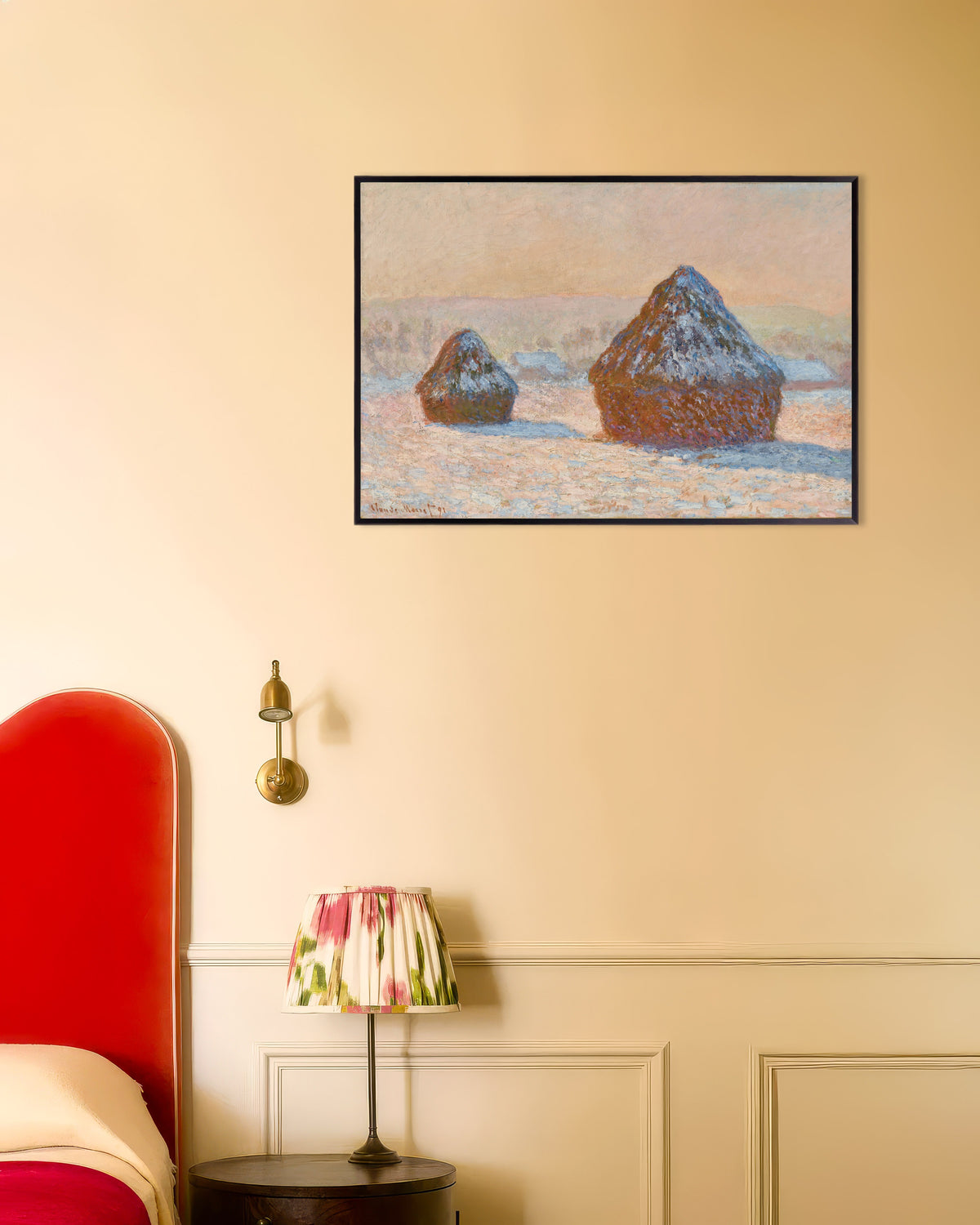 Poster of Wheatstacks, Snow Effect, Morning (1891) by Claude Monet, with metal frame