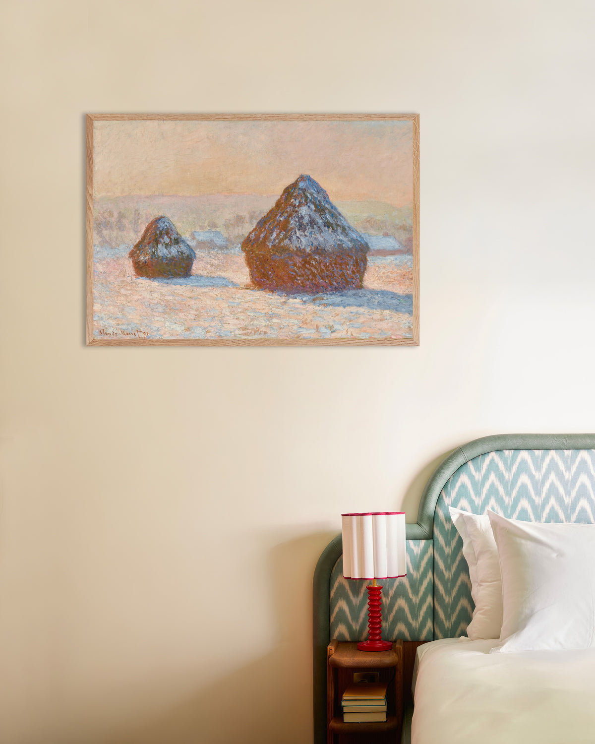 Poster of Wheatstacks, Snow Effect, Morning (1891) by Claude Monet, with natural wooden frame