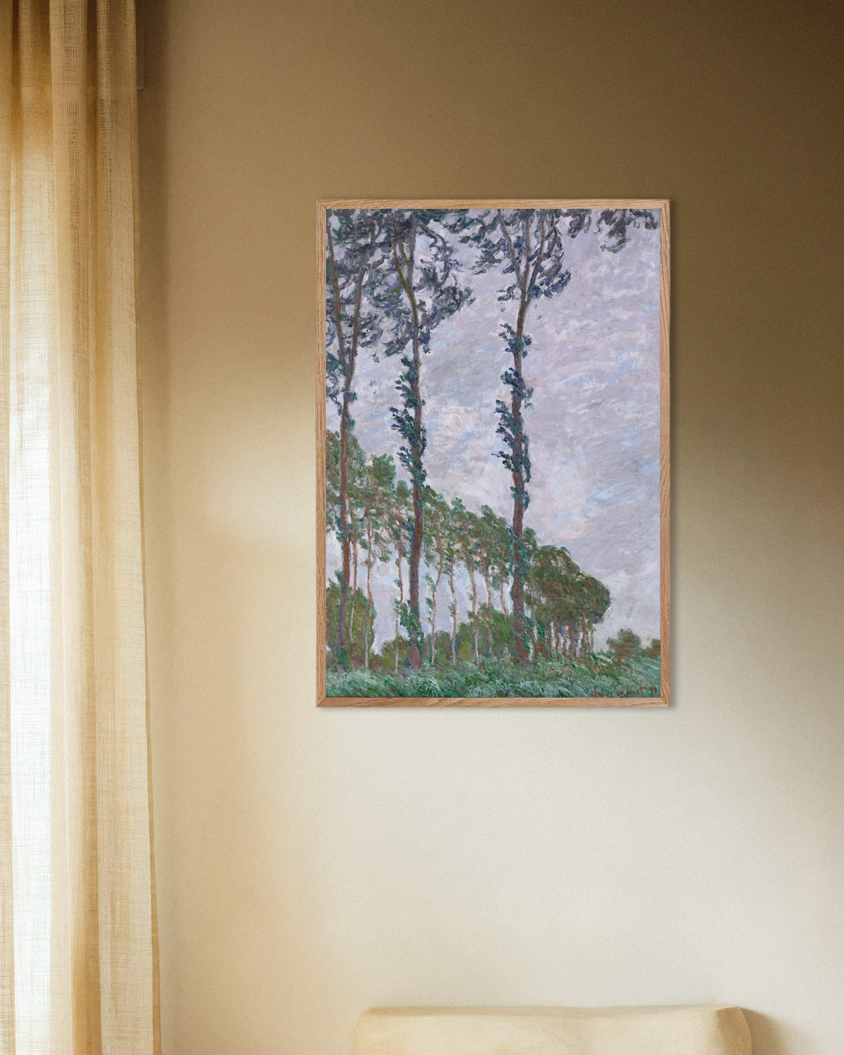 Poster of Wind Effect, Series of the Poplars (1891) by Claude Monet, with natural wooden frame