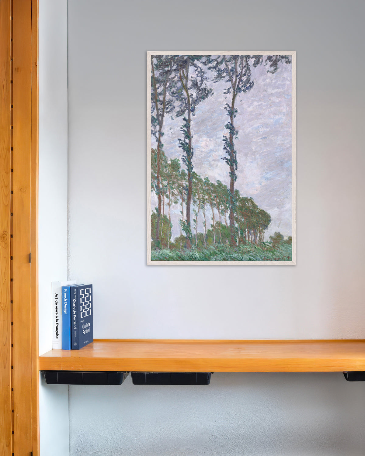 Poster of Wind Effect, Series of the Poplars (1891) by Claude Monet, with white wooden frame