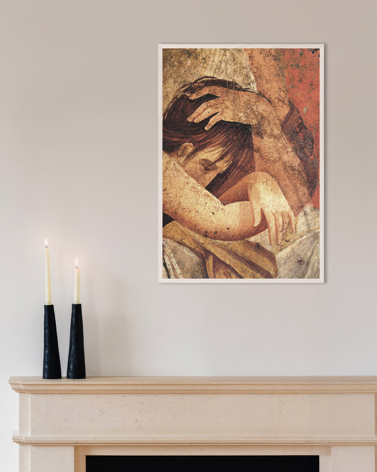 Initiate seeking comfort fresco detail poster from the Villa of the Mysteries, in a white wooden frame