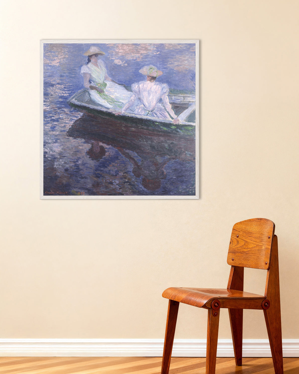 Poster of Young Girls in a Boat (1887) by Claude Monet, with white wooden frame
