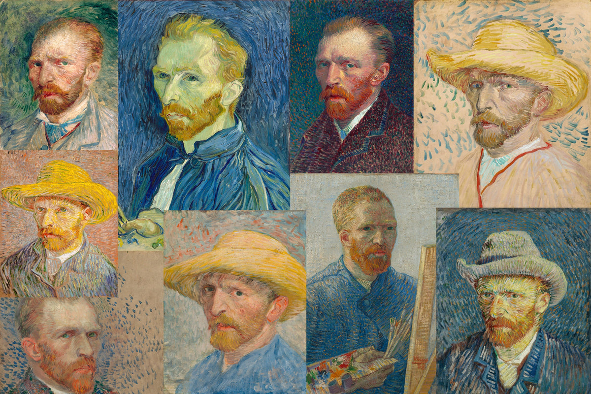 Nine self-portraits by Vincent van Gogh, painted mostly in Paris between 1886 and 1888, several of them in a straw hat