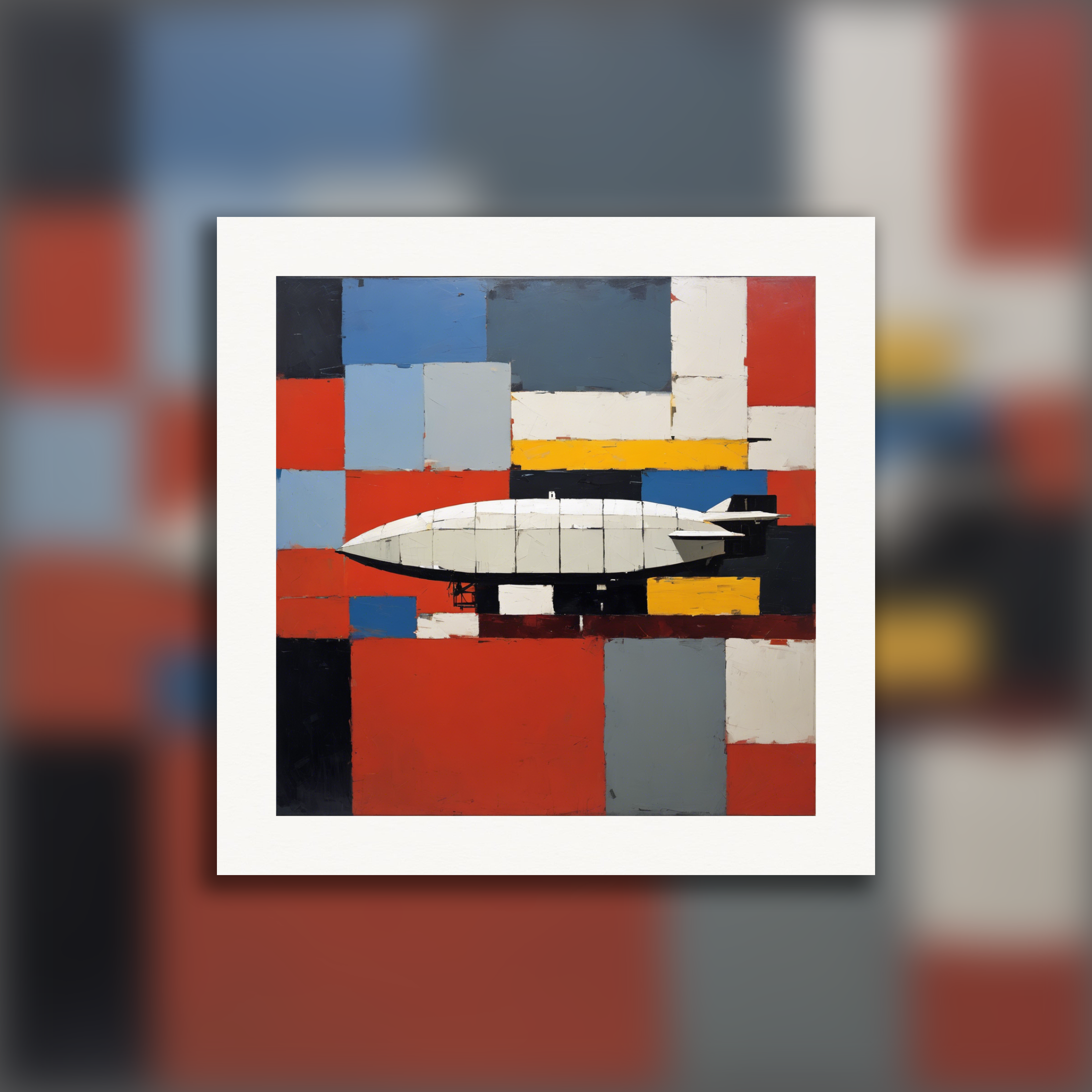 Figurative abstraction featuring bold, chunky geometric forms and a zeppelin – Poster