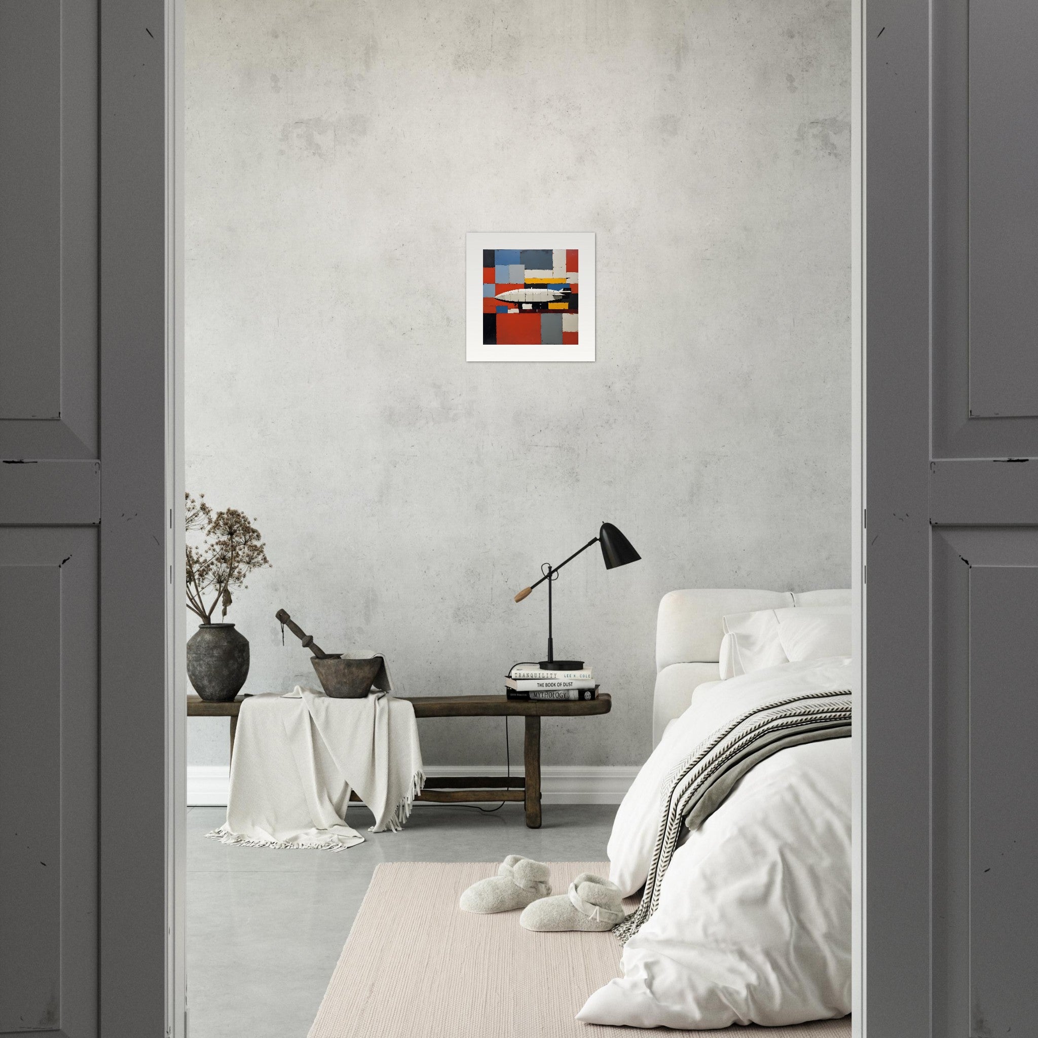 Figurative abstraction featuring bold, chunky geometric forms and a zeppelin – Poster