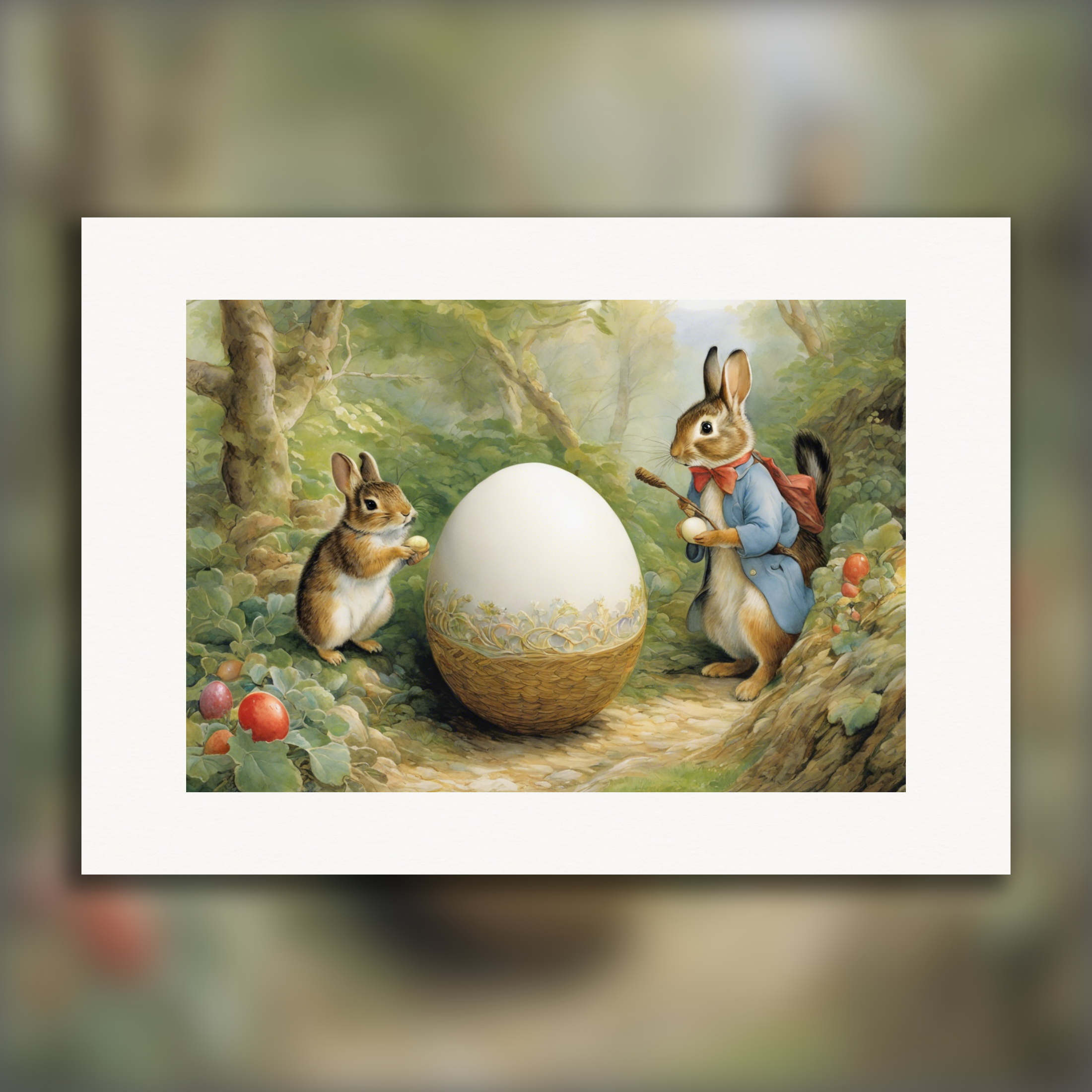 Easter poster, charming tales, delicate British watercolors, Rabbits and Egg